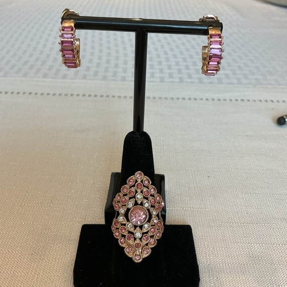 Pink Rhinestone Gold Tone Ring Jewelry - Pink Rhinestone Gold Tone Cocktail Ring and Earring Set